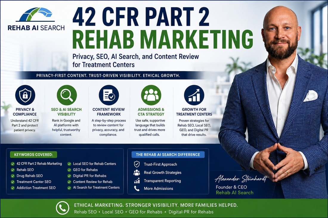 42 CFR Part 2 rehab marketing guide featuring Alexander Steinhardt, Founder of Rehab AI Search, explaining privacy-first SEO, AI search visibility, content review workflows, and trust-based treatment center marketing.