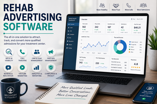 Rehab advertising software dashboard for treatment center SEO, AI search, ads, and lead tracking.