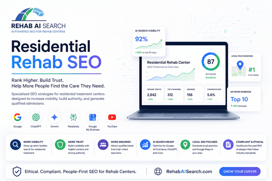 Residential rehab SEO strategy showing a treatment center website ranking on Google and increasing patient admissions