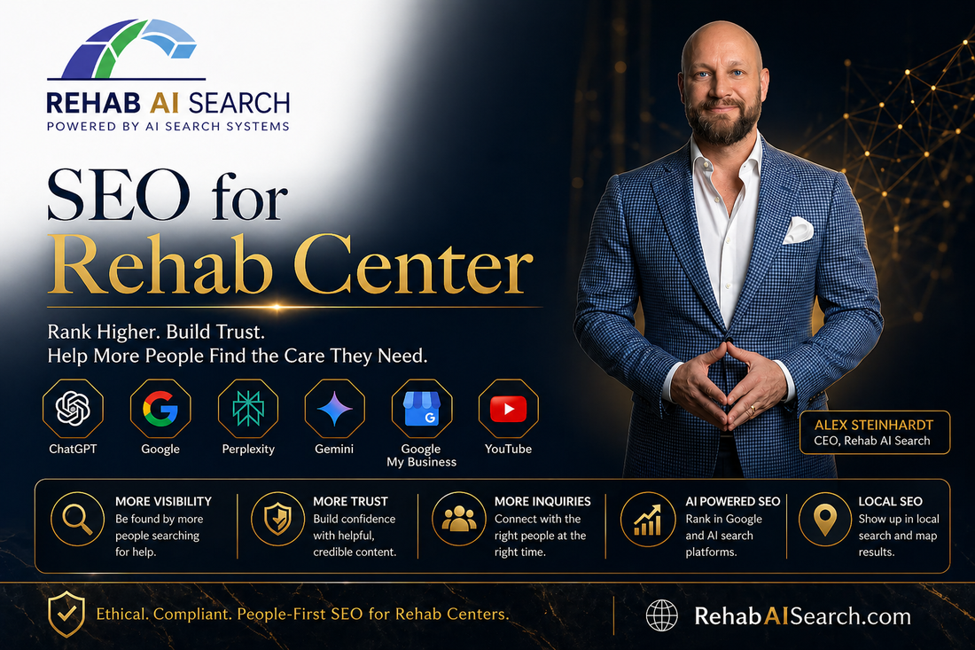 SEO for rehab centers concept showing a modern addiction treatment website ranking on Google search results, highlighting digital marketing strategies to increase patient admissions.