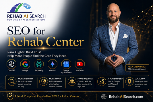SEO for rehab centers concept showing a modern addiction treatment website ranking on Google search results, highlighting digital marketing strategies to increase patient admissions.