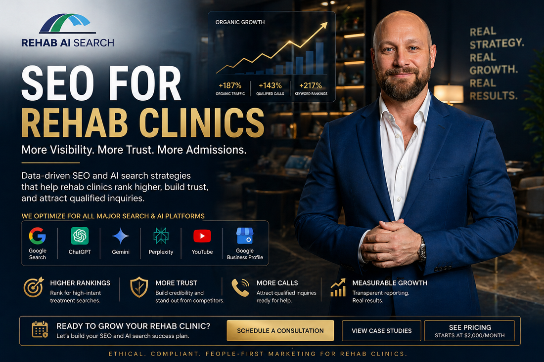SEO for rehab clinics strategy showing Google, AI search, local visibility, and rehab marketing growth.