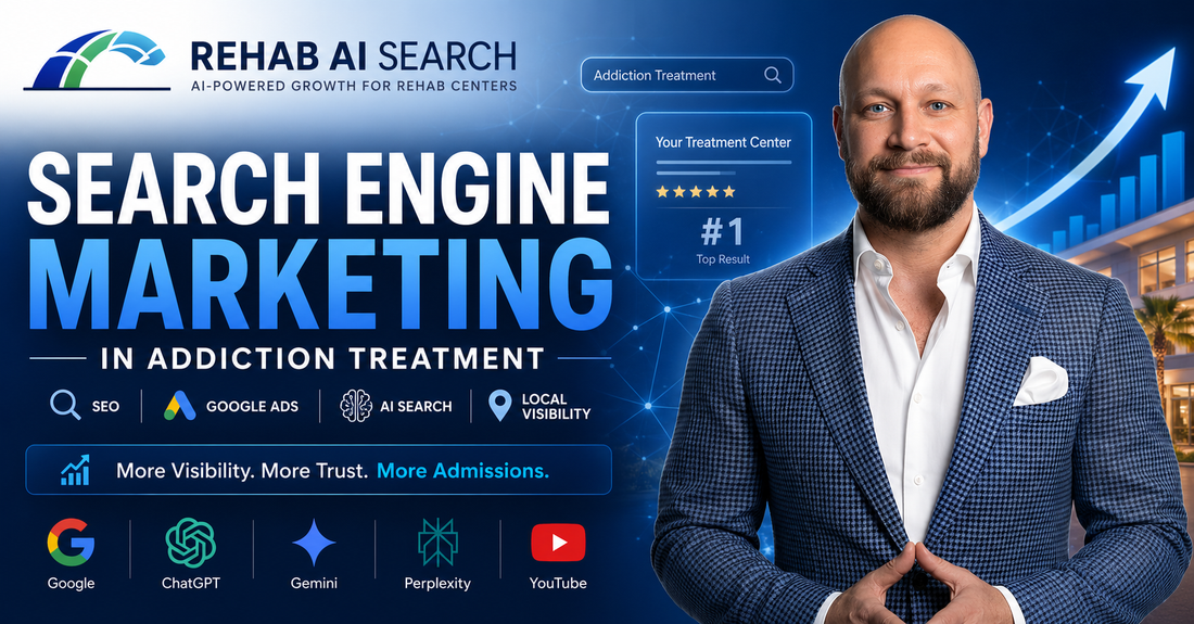 Search engine marketing in addiction treatment strategy for rehab centers using SEO, Google, AI search, and PPC.