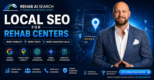 Local SEO for rehab centers strategy showing Google Maps, AI search, and qualified treatment inquiries.