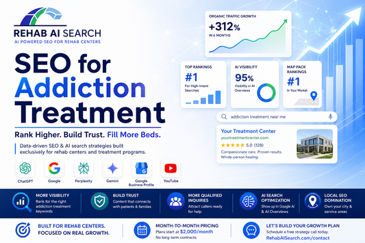 SEO for addiction treatment strategy showing Google rankings and AI search visibility for rehab centers