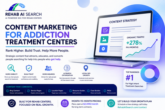Content marketing for addiction treatment centers showing SEO strategy and AI search visibility for rehab programs