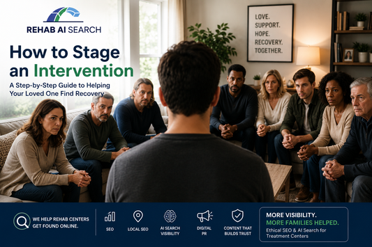 The Rehab AI Search™ Intervention Blueprint™ showing the seven stages of staging an intervention including preparation, team building, treatment planning, intervention messaging, rehearsal, intervention day, and follow-through.