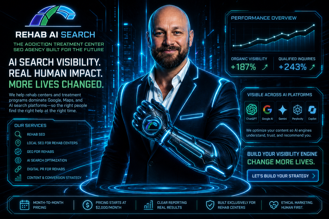 Futuristic addiction treatment center SEO agency visual with AI search visibility, rehab SEO strategy, and Tron-inspired digital marketing design