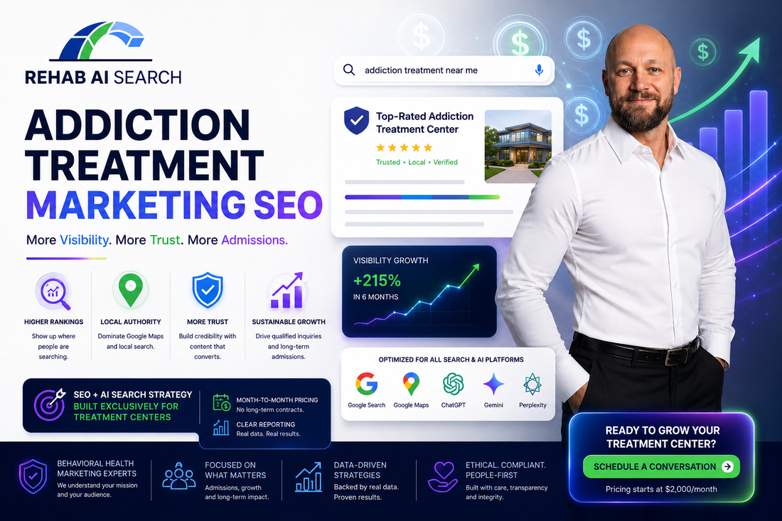 Modern addiction treatment marketing SEO visualization showing AI search visibility, behavioral healthcare authority, and trusted rehab growth systems