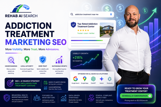 Modern addiction treatment marketing SEO visualization showing AI search visibility, behavioral healthcare authority, and trusted rehab growth systems