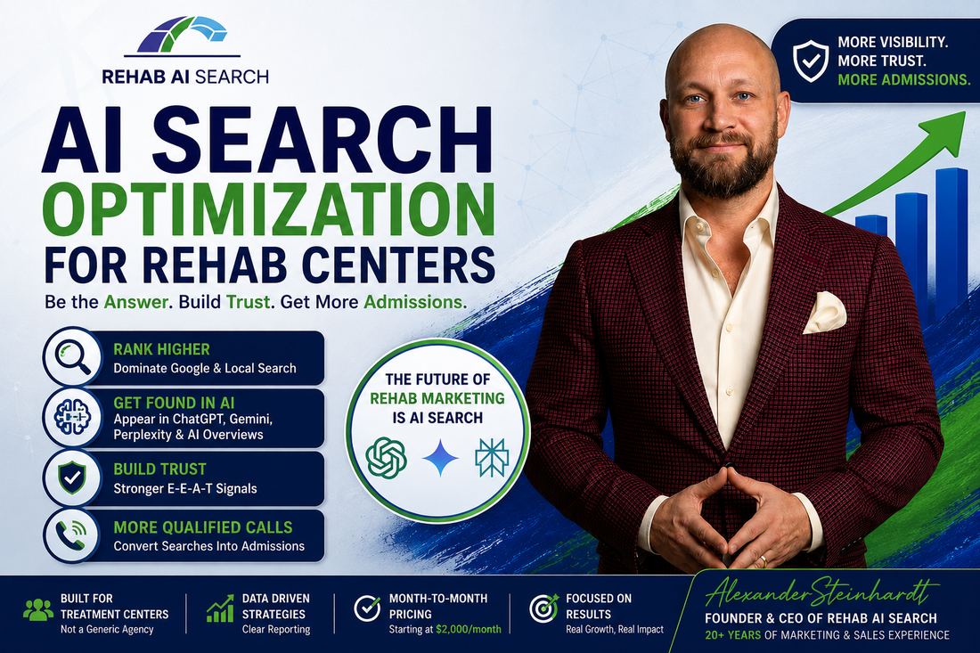 AI search optimization for rehab centers showing how treatment centers improve visibility in ChatGPT, Google AI Overviews, Gemini, Perplexity, and search results to generate more qualified admissions.