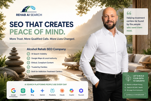 Peaceful luxury alcohol rehab SEO company visual with AI search platforms, Google Maps trust strategy, and wellness-focused treatment center marketing