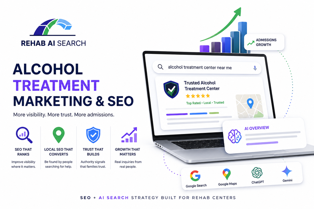 Advanced alcohol treatment marketing and SEO system showing AI search visibility, local rehab authority, and trusted behavioral healthcare branding