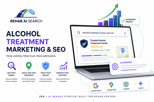 Advanced alcohol treatment marketing and SEO system showing AI search visibility, local rehab authority, and trusted behavioral healthcare branding