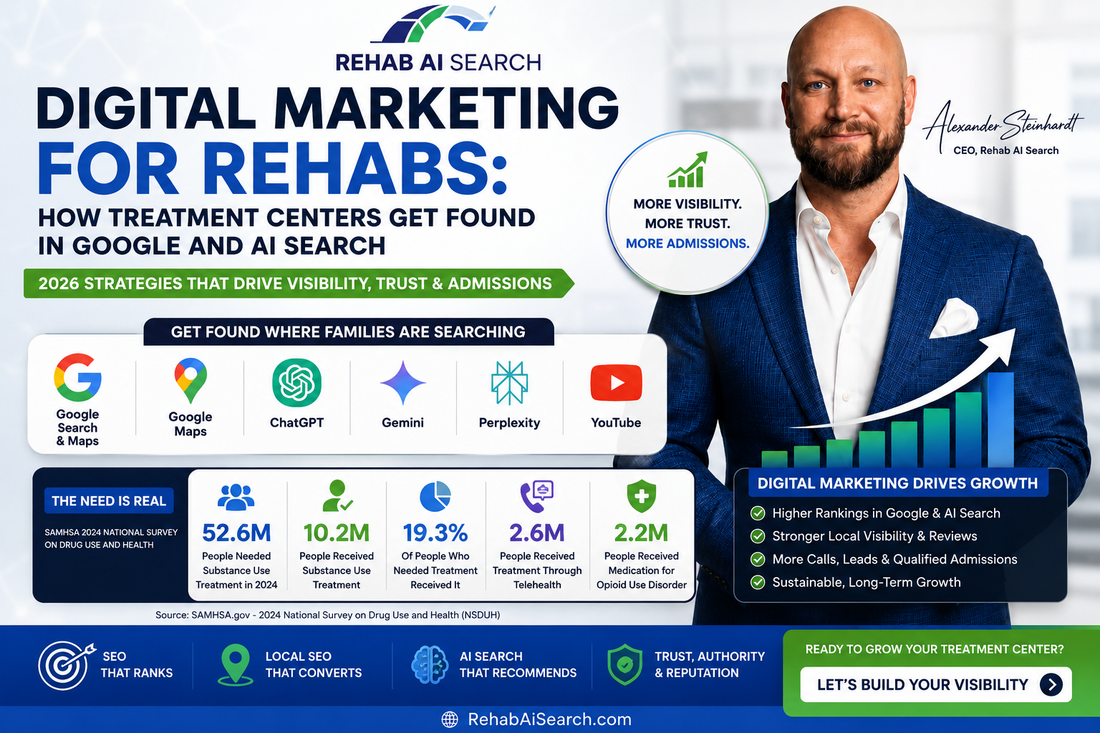 Digital Marketing for Rehabs in 2026 featuring Alexander Steinhardt, CEO of Rehab AI Search, with Google, ChatGPT, Gemini, Perplexity, local SEO, AI search visibility, and treatment center marketing statistics.