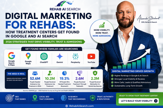Digital Marketing for Rehabs in 2026 featuring Alexander Steinhardt, CEO of Rehab AI Search, with Google, ChatGPT, Gemini, Perplexity, local SEO, AI search visibility, and treatment center marketing statistics.