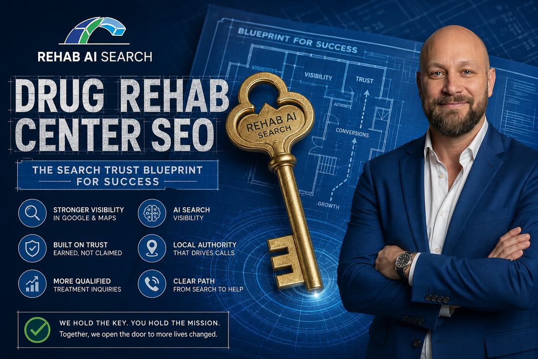 Drug rehab center SEO strategy showing Google, AI search, local trust signals, and Rehab AI Search branding.