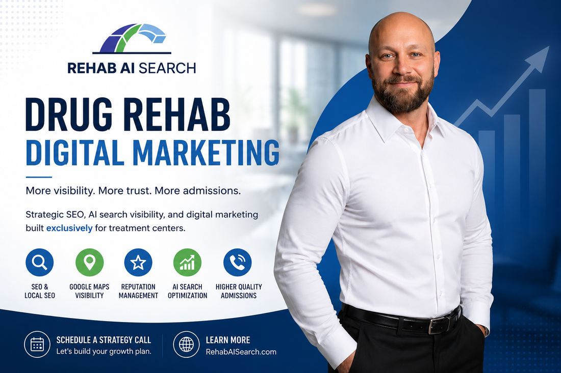Drug rehab digital marketing strategy dashboard with SEO, AI search, and rehab growth visuals