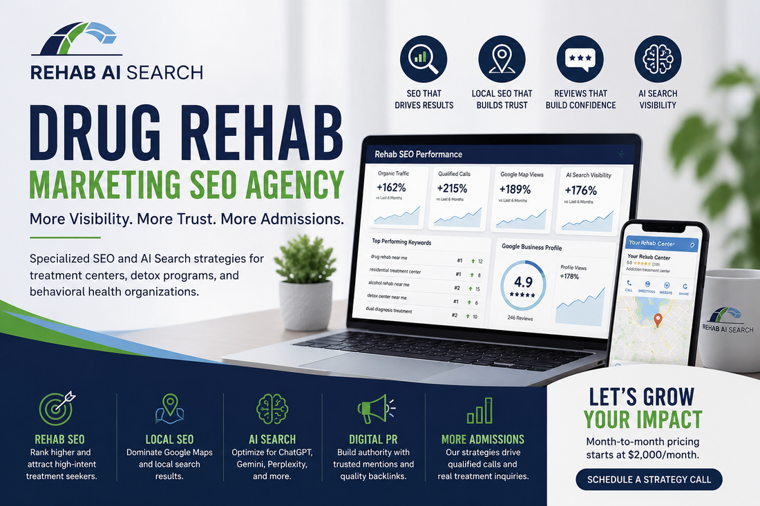 Drug rehab marketing SEO agency strategy dashboard with AI search visibility and Google Maps optimization