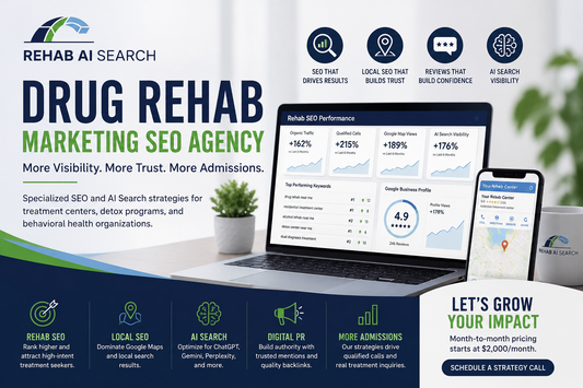 Drug rehab marketing SEO agency strategy dashboard with AI search visibility and Google Maps optimization
