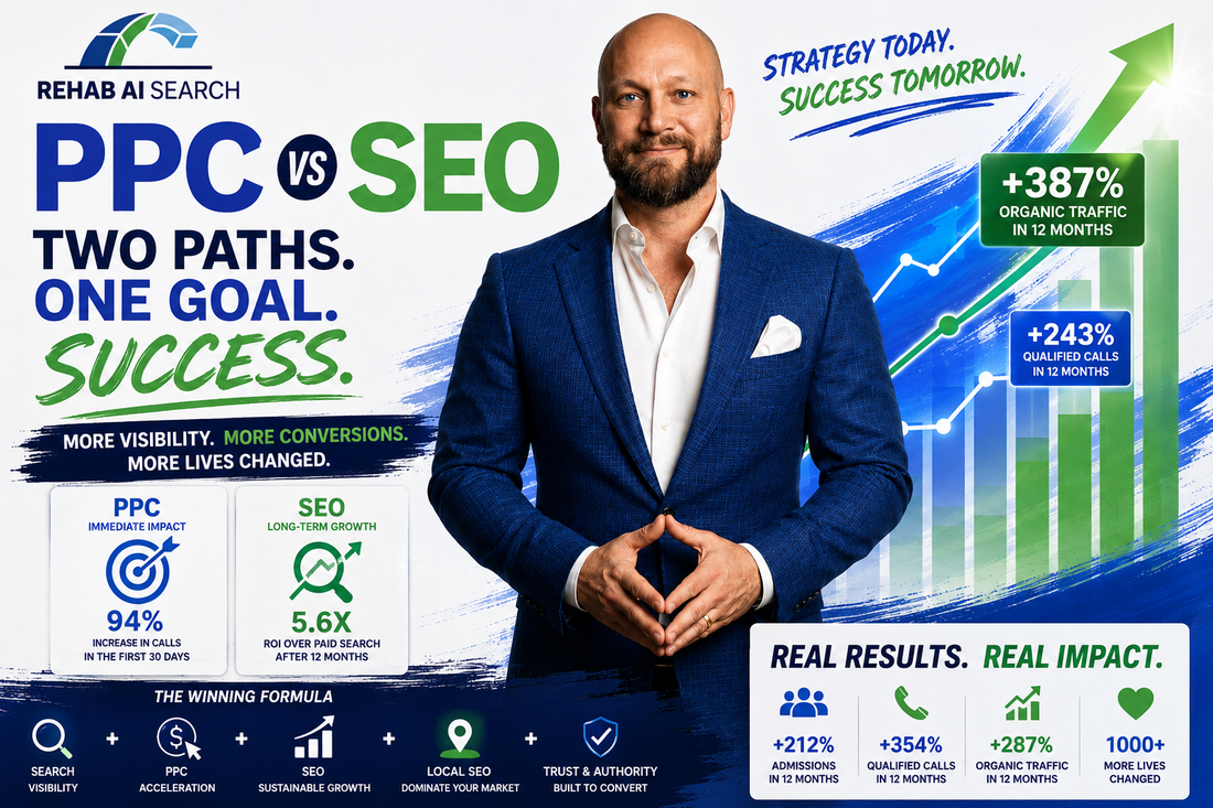 Drug rehab PPC vs SEO comparison infographic showing rehab marketing growth strategies and qualified lead generation