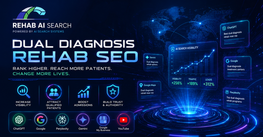 Futuristic Dual Diagnosis Rehab SEO hero graphic showing AI-powered search optimization for addiction treatment centers with Rehab AI Search branding, ChatGPT, Google, Gemini, Perplexity, Google Business Profile, and YouTube.