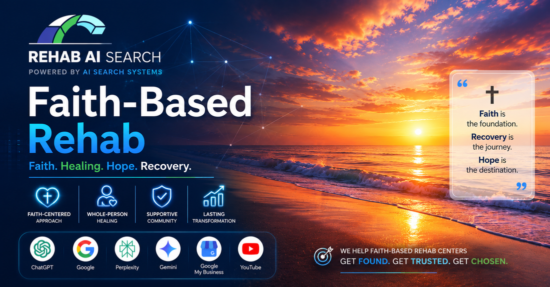 Faith-Based Rehab hero image featuring a peaceful ocean sunset with Rehab AI Search branding, representing hope, healing, recovery, and AI search optimization for faith-based addiction treatment centers.