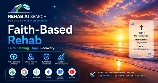 Faith-Based Rehab hero image featuring a peaceful ocean sunset with Rehab AI Search branding, representing hope, healing, recovery, and AI search optimization for faith-based addiction treatment centers.