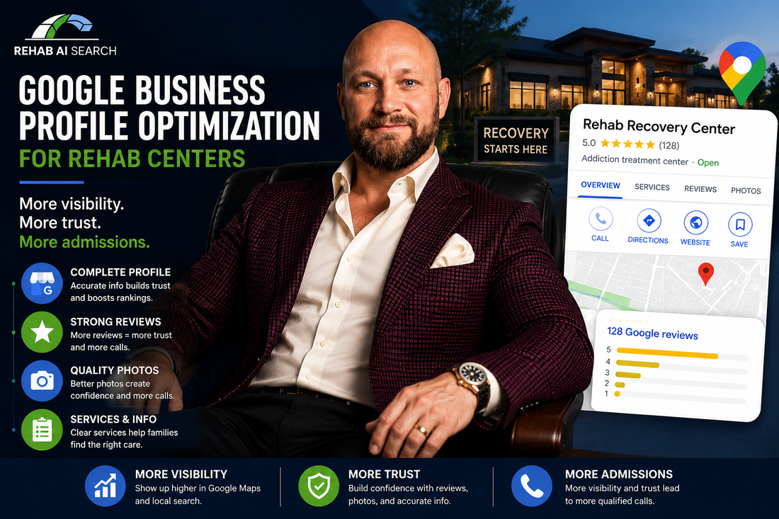 Alexander Steinhardt, CEO of Rehab AI Search, explaining Google Business Profile optimization for rehab centers with Google Maps visibility, local SEO strategies, reviews, trust signals, and admissions-focused search marketing.