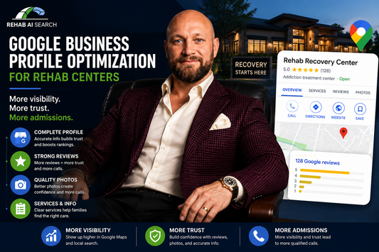 Alexander Steinhardt, CEO of Rehab AI Search, explaining Google Business Profile optimization for rehab centers with Google Maps visibility, local SEO strategies, reviews, trust signals, and admissions-focused search marketing.