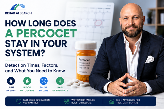 How long does Percocet stay in your system guide showing urine, blood, saliva, and hair drug test detection times with expert insights from Rehab AI Search.