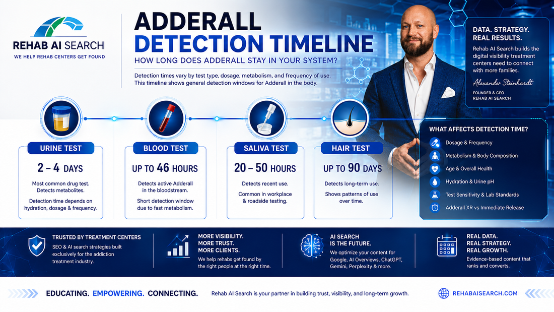 How long does Adderall stay in your system infographic showing urine, blood, saliva, and hair detection timelines by Rehab AI Search™