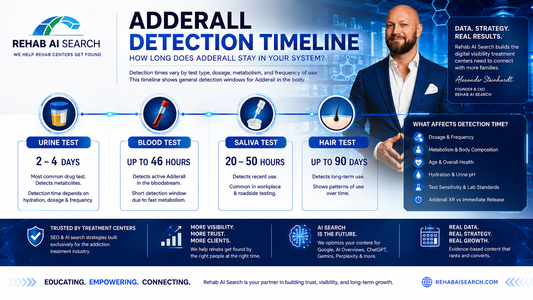 How long does Adderall stay in your system infographic showing urine, blood, saliva, and hair detection timelines by Rehab AI Search™