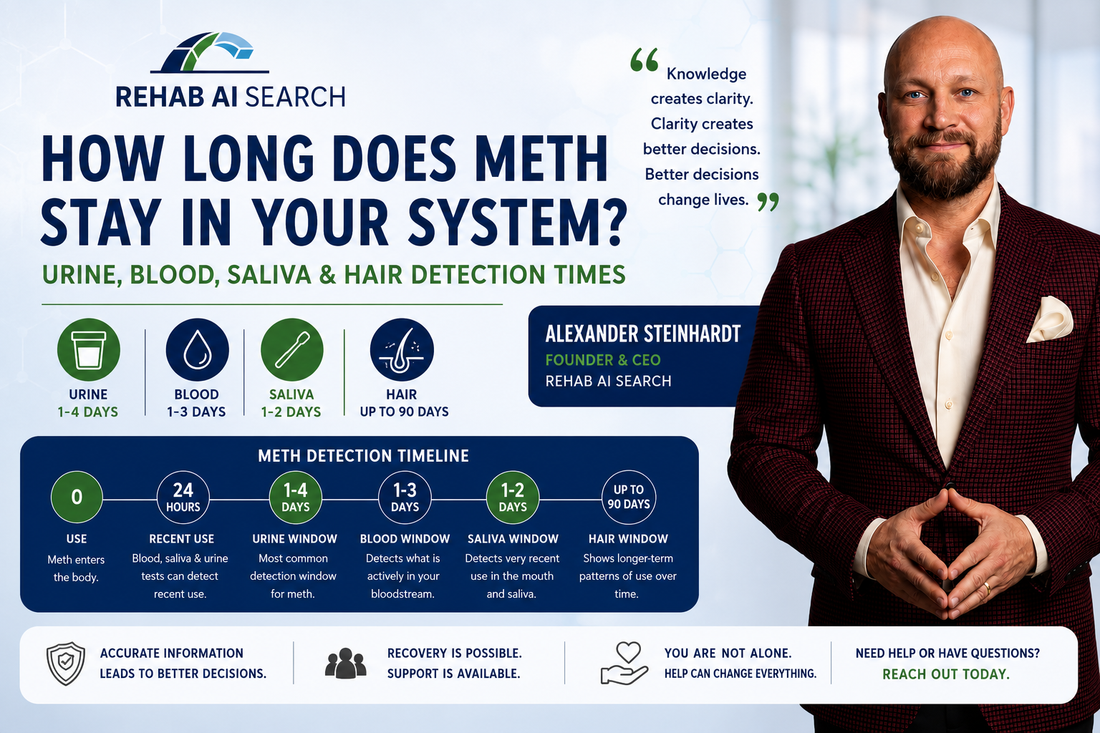 How long does meth stay in your system infographic showing urine, blood, saliva, and hair follicle detection times with meth detection timeline and recovery information.