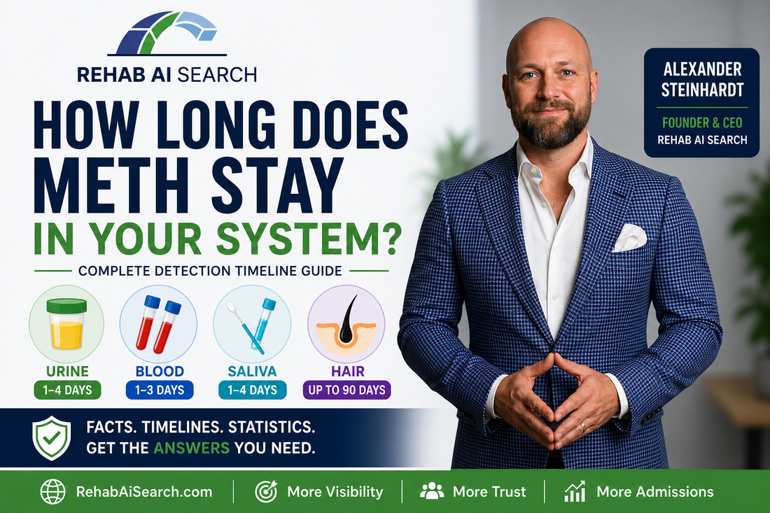 How long does meth stay in your system complete detection timeline guide featuring Alexander Steinhardt CEO of Rehab AI Search and meth drug test detection windows