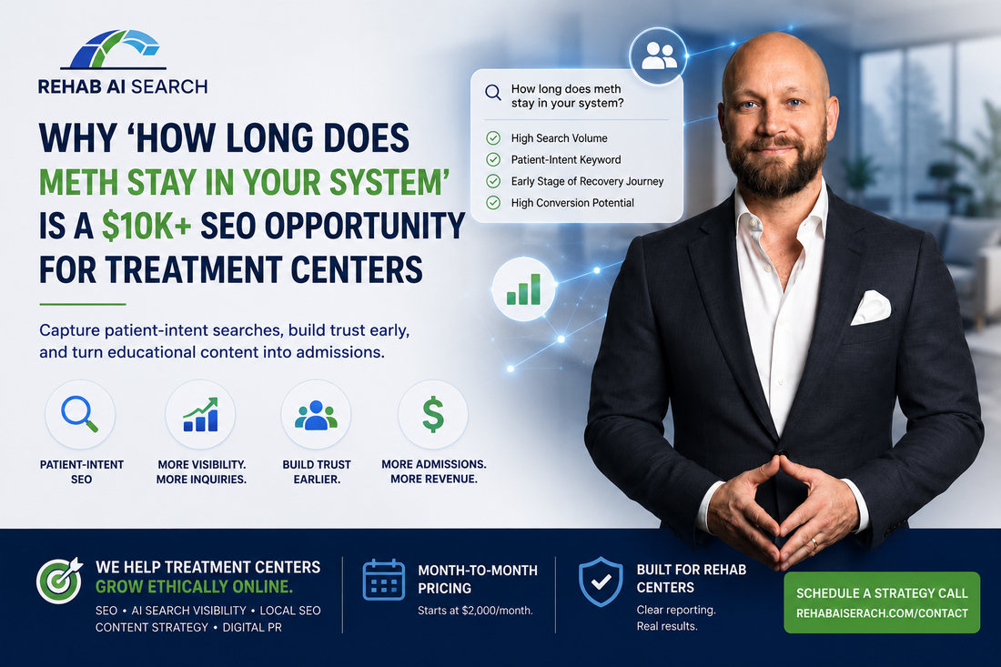 Alexander Steinhardt of Rehab AI Search illustrating how patient-intent keywords like how long does meth stay in your system help treatment centers generate admissions through SEO, Google visibility, and AI search.