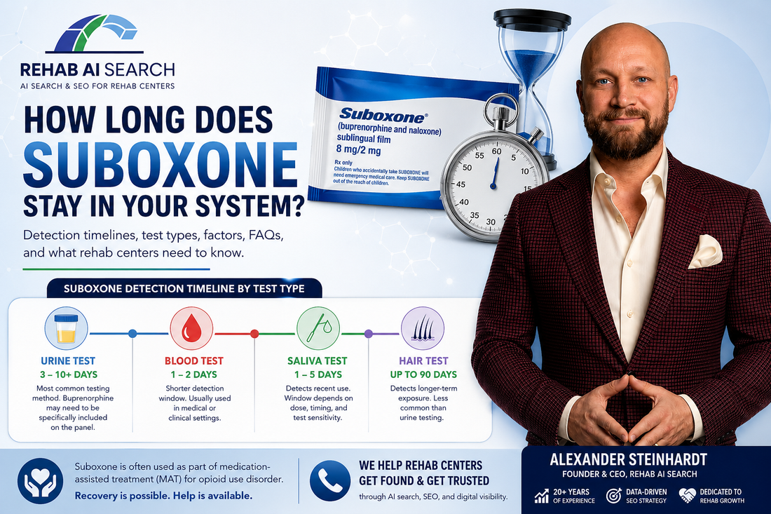 How long does Suboxone stay in your system infographic featuring Suboxone detection timelines for urine, blood, saliva, and hair tests with Alexander Steinhardt, founder of Rehab AI Search.