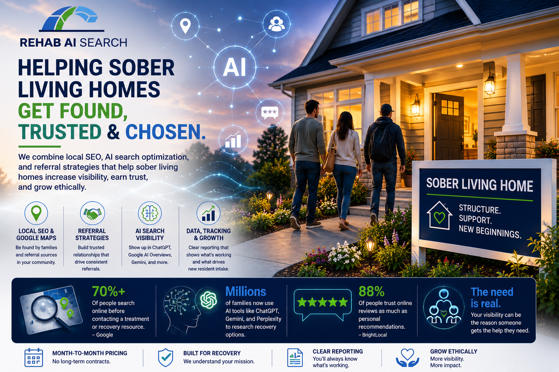 Modern sober living home demonstrating how referral relationships, Google Business Profile optimization, local SEO, and AI search visibility help recovery housing operators build trust and fill beds ethically.