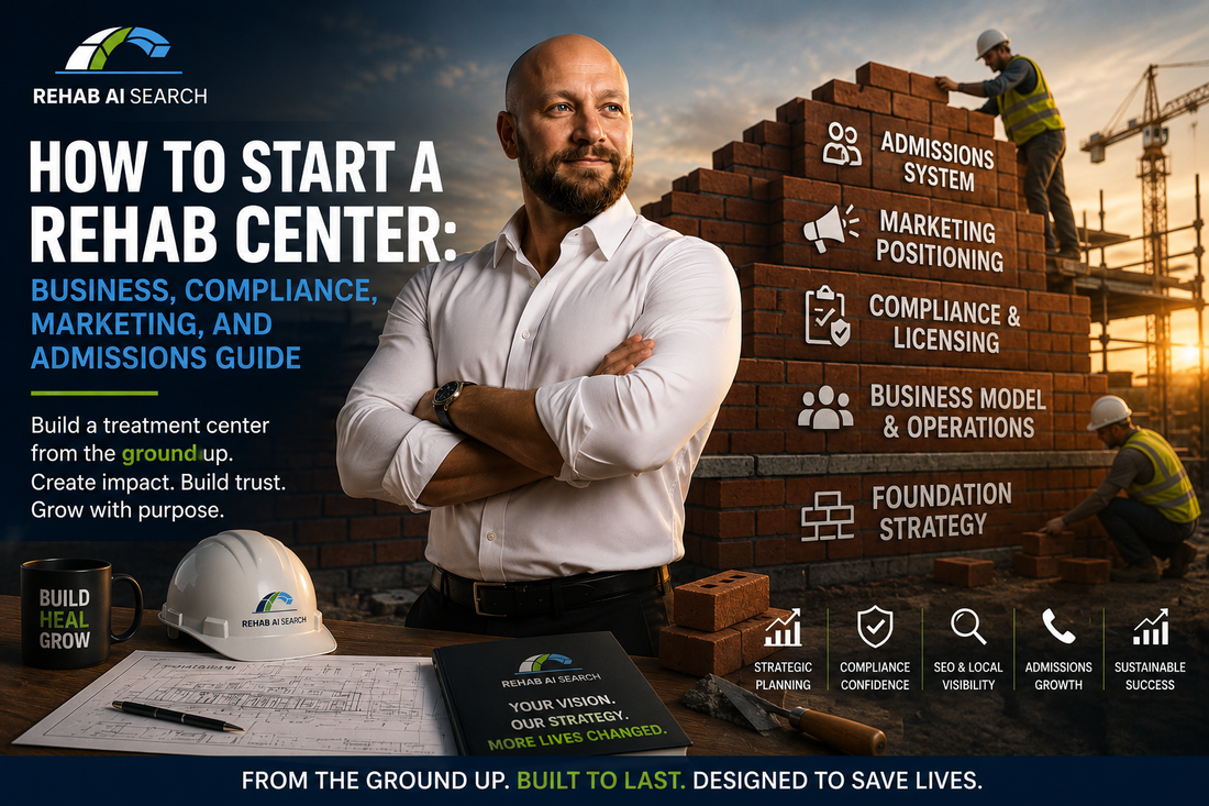 The Rehab Startup Readiness Map showing the ten stages of launching a rehab center including market demand, business planning, licensing, compliance, staffing, facility readiness, insurance, marketing, admissions, SEO, and AI search visibility.