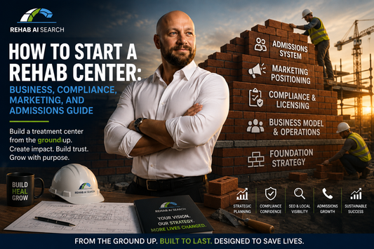 The Rehab Startup Readiness Map showing the ten stages of launching a rehab center including market demand, business planning, licensing, compliance, staffing, facility readiness, insurance, marketing, admissions, SEO, and AI search visibility.