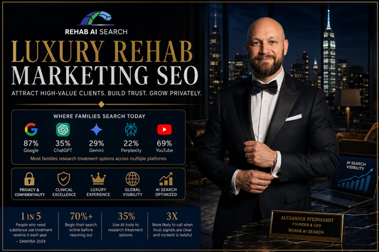 Luxury Rehab Marketing SEO guide featuring Alexander Steinhardt, Founder and CEO of Rehab AI Search, showing AI search visibility, luxury rehab branding, Google rankings, and high-end treatment center marketing strategies.