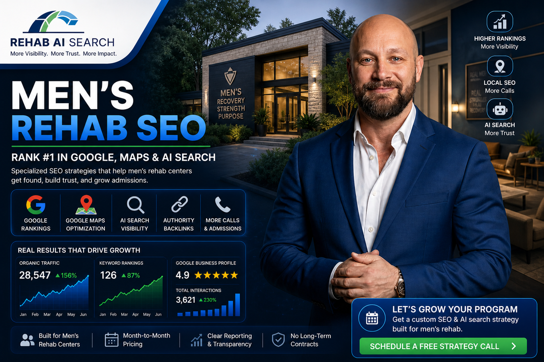 Men’s rehab SEO strategy showing Google rankings, AI search visibility, and local SEO growth for treatment centers