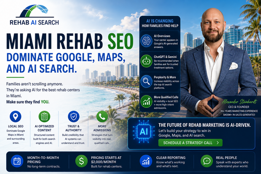 Miami rehab SEO strategy showing addiction treatment digital marketing, Google Maps visibility, AI search authority, and South Florida recovery branding