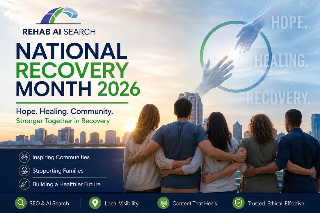 National Recovery Month 2026 awareness graphic by Rehab AI Search highlighting recovery, hope, treatment, families, and addiction recovery resources.