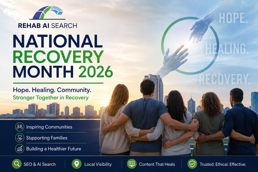 National Recovery Month 2026 awareness graphic by Rehab AI Search highlighting recovery, hope, treatment, families, and addiction recovery resources.