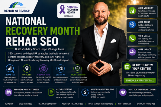 National Recovery Month Rehab SEO, treatment center SEO, addiction treatment SEO, local SEO for rehab centers, AI search optimization, digital PR for rehabs, and recovery month marketing strategy by Rehab AI Search.