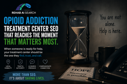 Compassion-focused opioid addiction treatment center SEO image featuring local trust signals, recovery support messaging, and healthcare visibility branding