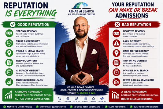 Rehab center reputation management strategy showing reviews, trust signals, SEO, AI search visibility, and treatment center growth