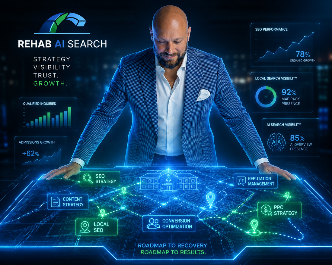 Rehab center SEO strategy visual showing Google rankings, AI search visibility, and treatment center trust signals