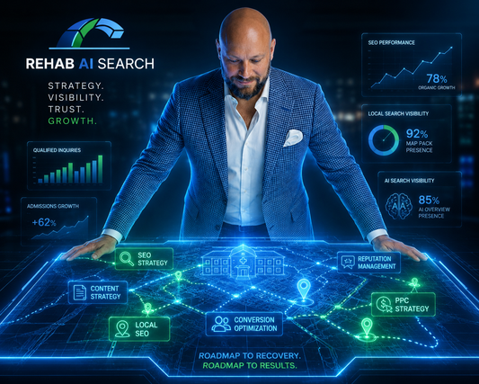 Rehab center SEO strategy visual showing Google rankings, AI search visibility, and treatment center trust signals